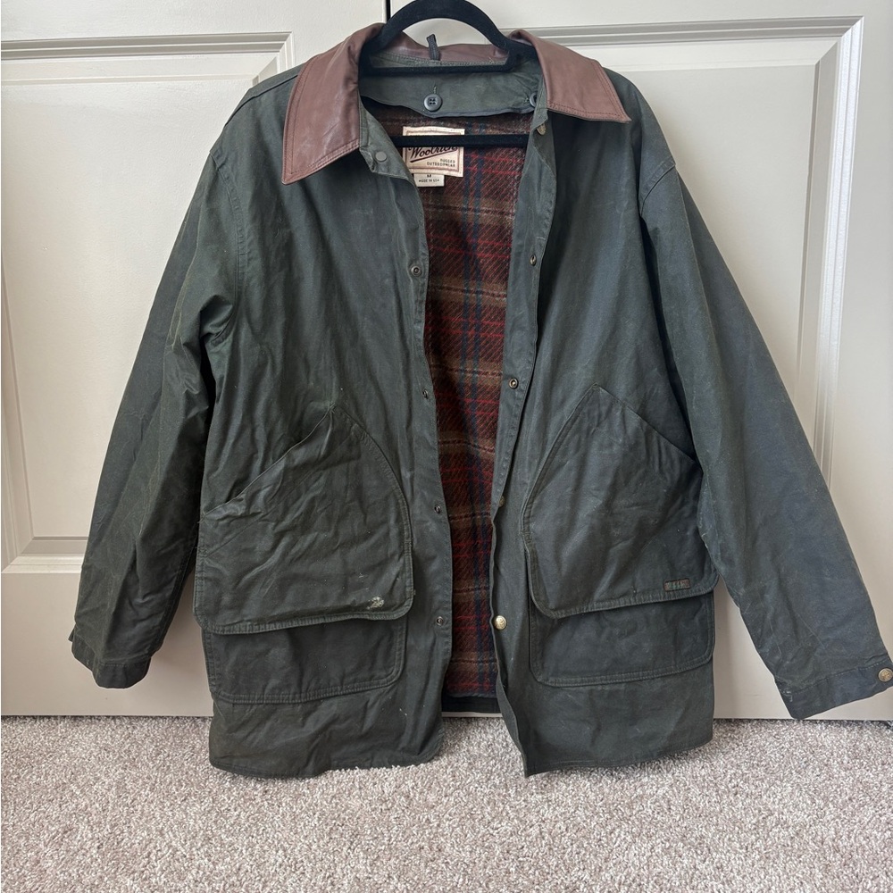Vintage Woolrich Dark Green Waxed Field Jacket with Brown Collar